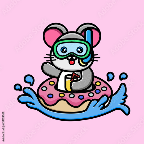 Cute mouse with doughnut tires and orange juice cartoon