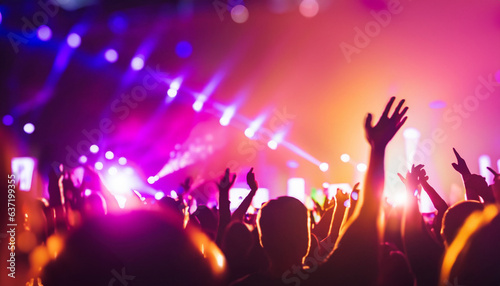 Euphoric concert crowd dances beneath dazzling stage lights at music festival. Silhouette sensation.