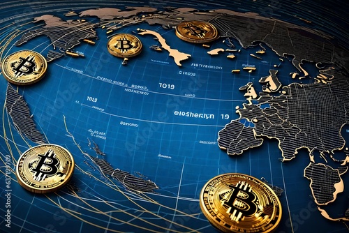 Bitcoins spread across the world map representing the wideness of cryptocurrency - Generative AI