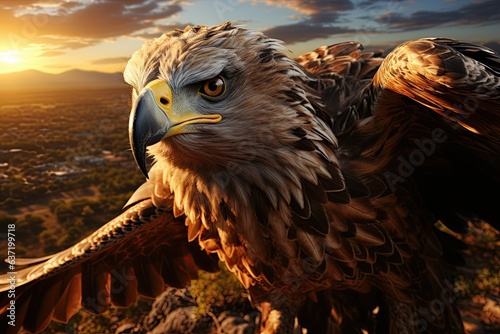 Bird's Eye View: A soaring eagle, the keen eyes of a predator observing the savannah from above. Generated with AI photo