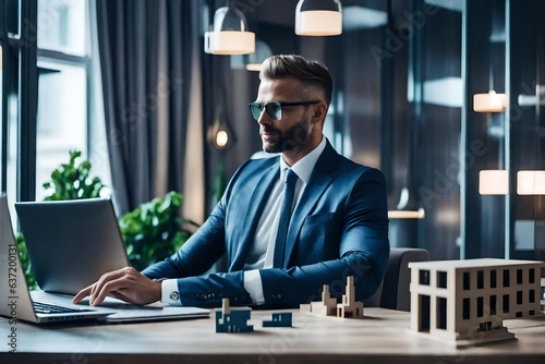 businessman working on laptop in the office, real estate dealer - Generative AI