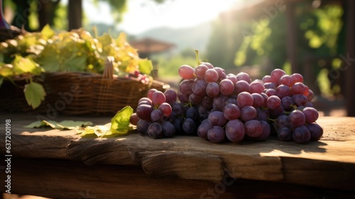 luscious grape harvest ready for winemaking: vibrant bunches of grapes on rustic wooden table amidst vine leaves - high-quality image for culinary and viticulture websites