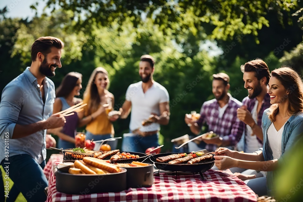A family celebrating vacations , barbeque party - Generative AI A family celebrating vacations , barbeque party - Generative AI