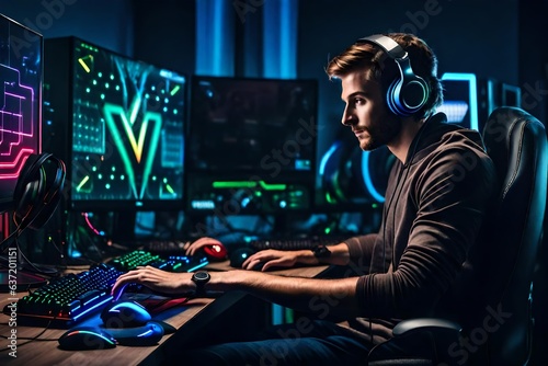 A gamer beside his computer playing games - Generative AI