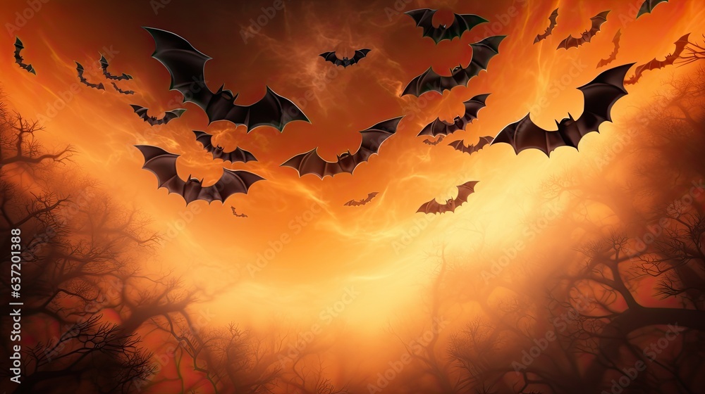 Spooky Halloween scene with floating bats and ghosts on orange background. Spooky Halloween scene with floating bats and ghosts on orange background.