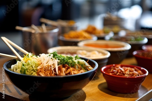 Noodle Bar. Bowls with chinese noodles and chopsticks on wooden table.  photo