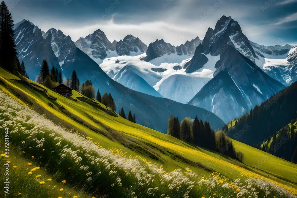 alpine meadow in the mountains, beautiful Wallpaper, Landscape, and Background - Generative AI