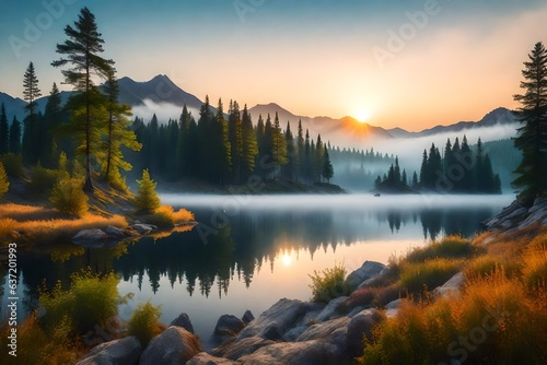 sunrise in the mountains over a lake, beautiful Wallpaper, Landscape, and Background - Generative AI
