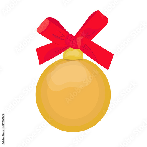 Golden christmas ball icon with red bow isolated on transparent and white background. Festive close-up element for Christmas tree and New Year design decoration. Vector illustration with Christmas toy