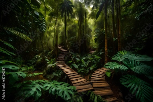 tropical jungle and a wooden bridge  beautiful Wallpaper  Landscape  and Background - Generative AI