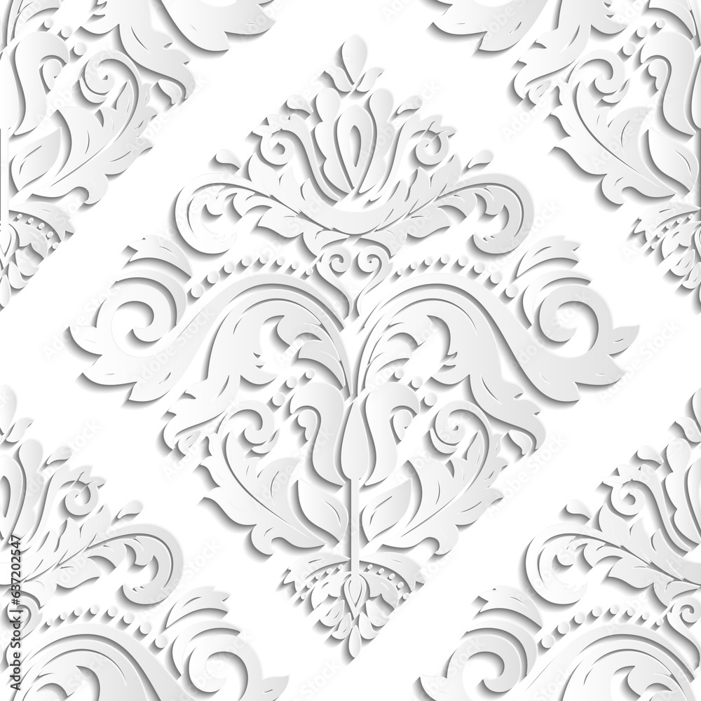 Seamless oriental ornament. Light silver traditional oriental pattern with 3D elements, shadows and highlights