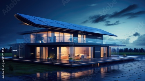 architectural masterpiece of sustainable smart housing with rooftop solar energy system, luxurious amenities, and ambient night lighting in a suburban setting © StraSyP