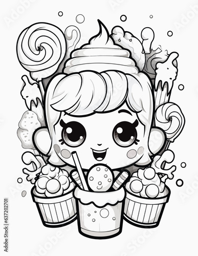 Cute kawaii candy halloween coloring page for kids, black and white line art Halloween cupcakes.
