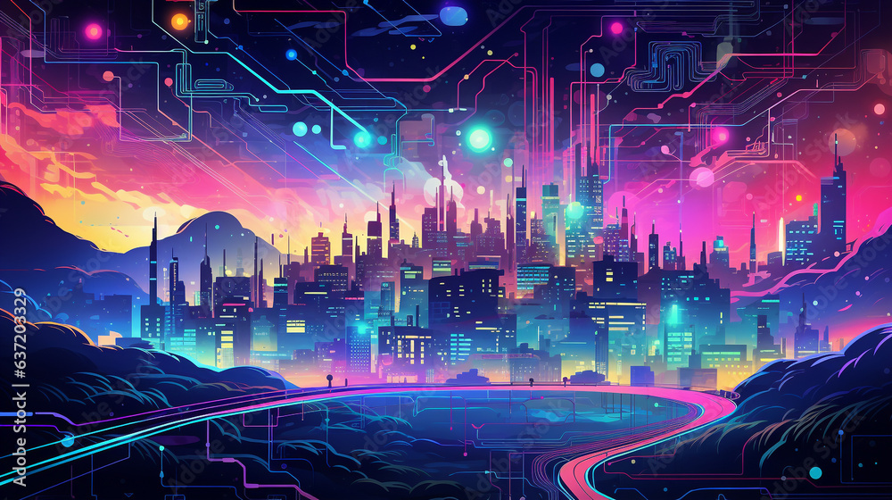 Fototapeta premium Digital Euphoria: AI's Quantum Landscape with Neon Circuitry & Zodiac Motifs in Expressive Vector.