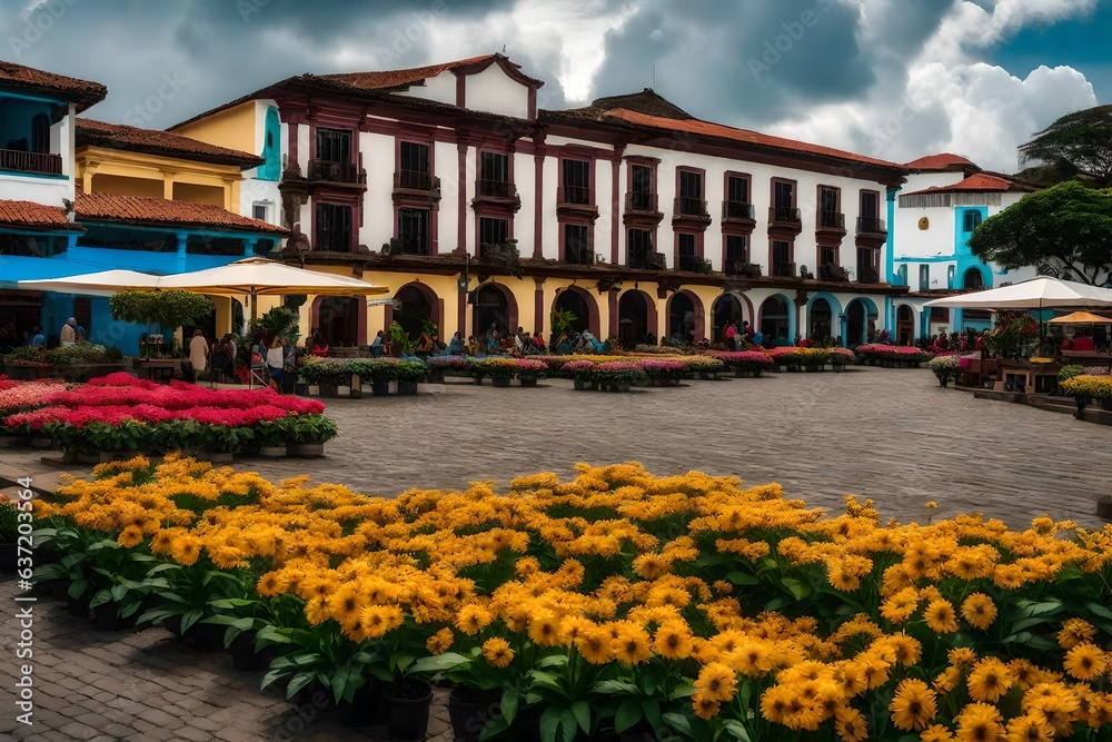 stall of yellow flowers outside a building on a street - Generative AI