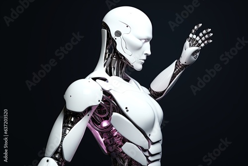 White cyborg robotic and female scientist ,full-body, Dynamic moving,3D rendering,Cybernetic Intelligence background,Generated with AI