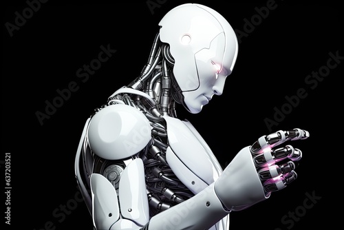 White cyborg robotic and female scientist ,full-body, Dynamic moving,3D rendering,Cybernetic Intelligence background,Generated with AI