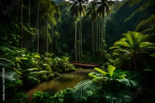 tropical jungle and water running through forest  beautiful Wallpaper  Landscape  and Background - Generative AI