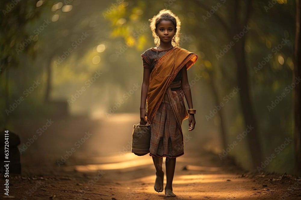 little african girl walking through a forest to school (Generative AI) little african girl walking through a forest to school (Generative AI)