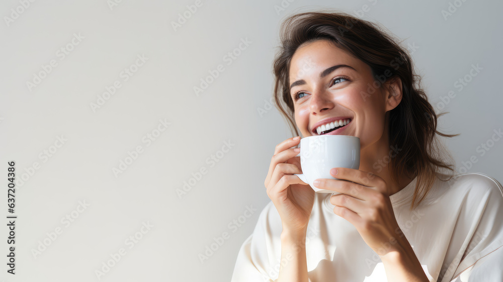 woman holding coffee cup, smiling, Generative AI woman holding coffee cup, smiling, Generative AI