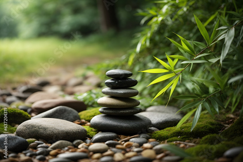 Zen stones with bamboo leaves on nature background. 
