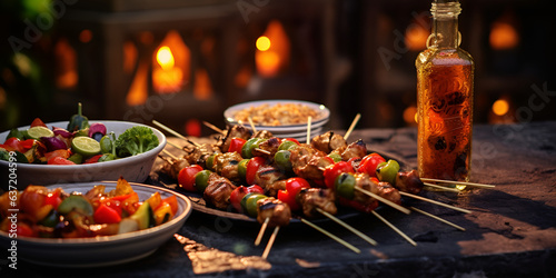 Roast beef skewers on a grill roast beef skewers grilling on a grill roast beef concept .Savoring Roast Beef on Wooden Table: Grill Delights