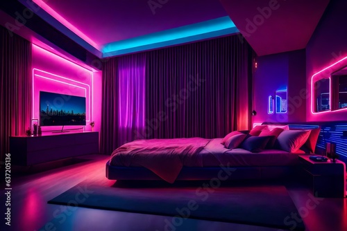 modern bedroom interior with neon lights - Generative AI