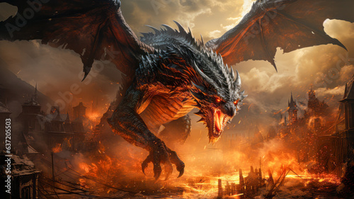 Dark Blue Dragon Attacks City on Fire