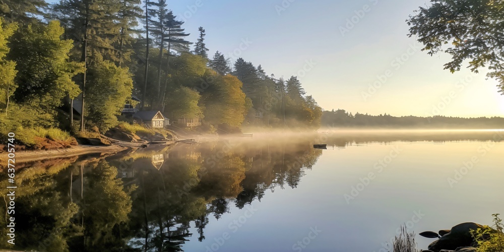 Foggy autumn morning on the lake. Panoramic view