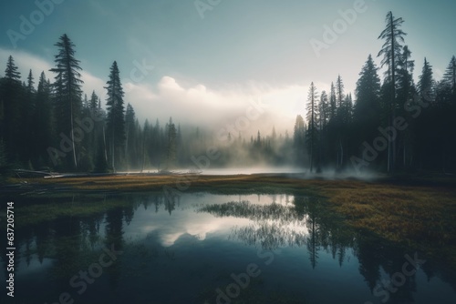 Panorama of the lake in the forest. Beautiful landscape. © vachom