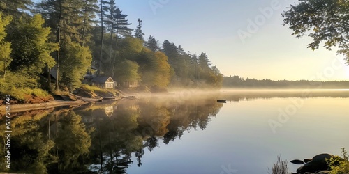 Foggy autumn morning on the lake. Panoramic view
