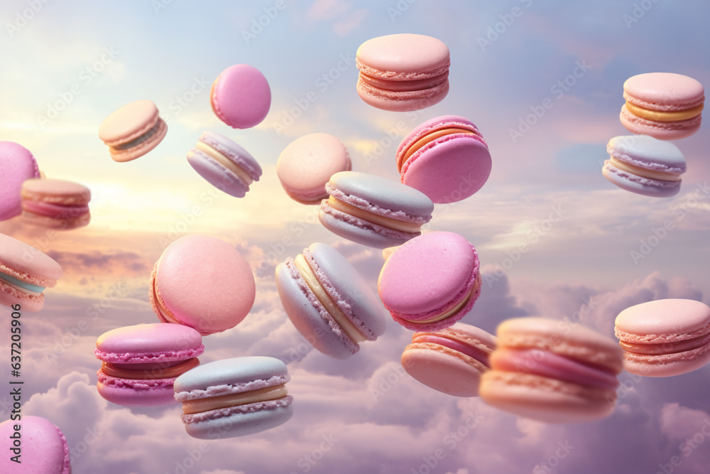 Obraz premium delicious pastel color macarons flying in the pink sky