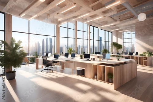 modern office interior with a big window and a beautiful view, beautiful interior design - Generative AI