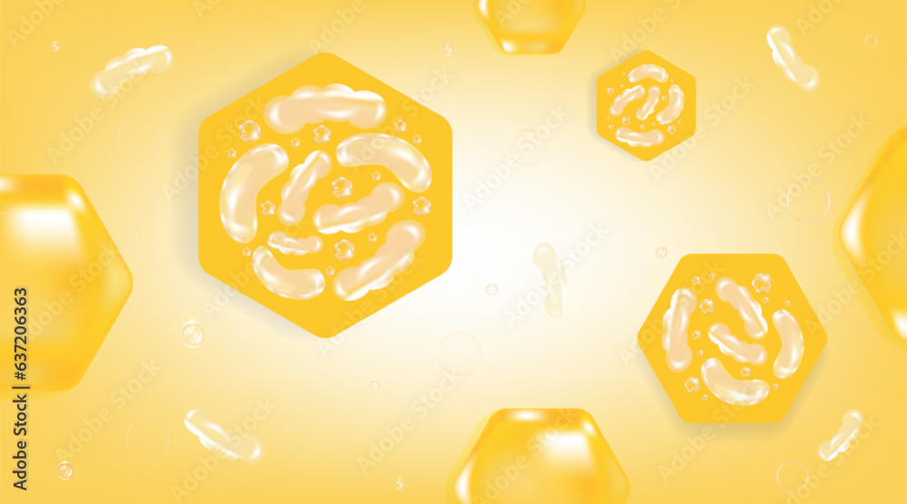 Obraz premium Probiotic and Hyaluronic acid skin solutions ad, gold collagen, and vitamin serum drops with cosmetic advertising background ready to use illustration vector.