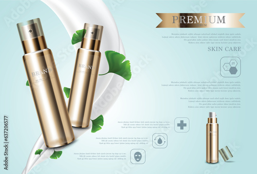 Hydrating facial milk cream for annual sale or festival sale. Green and gold cream mask bottle isolated on pour milk background. Graceful cosmetic ads, illustration.