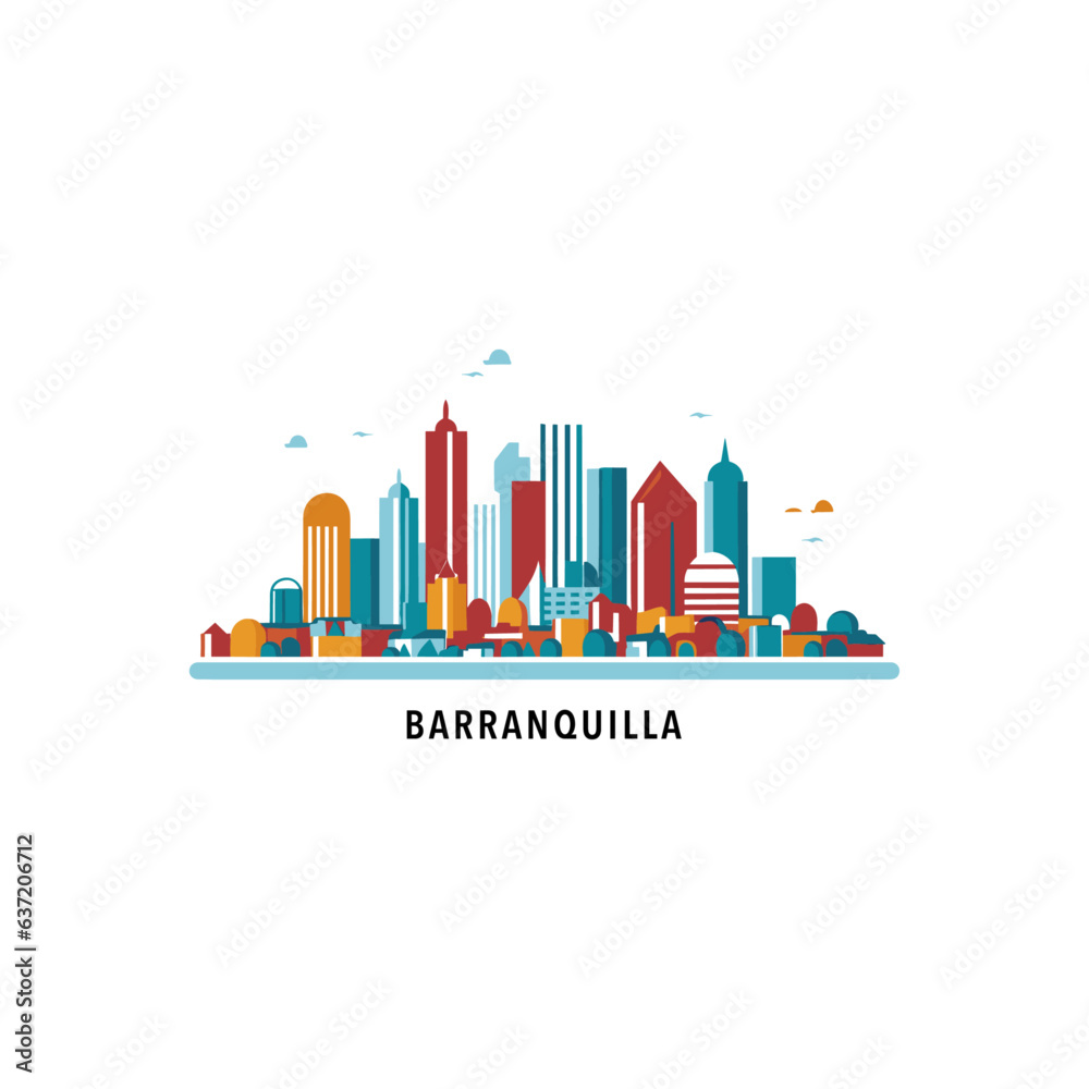 Colombia Barranquilla cityscape skyline city panorama vector flat modern logo icon. Atlántico Department emblem idea with landmarks and building silhouettes, isolated clipart