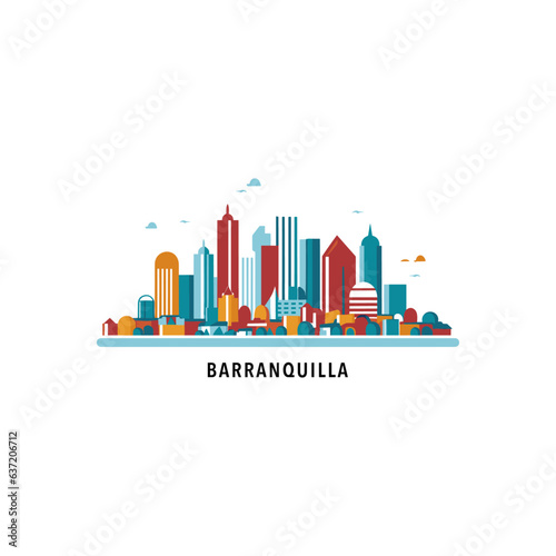 Colombia Barranquilla cityscape skyline city panorama vector flat modern logo icon. Atl  ntico Department emblem idea with landmarks and building silhouettes  isolated clipart