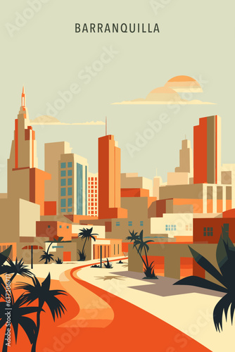 Colombia Barranquilla city retro poster with abstract shapes of skyline, landscape, houses and streets. Vintage cityscape travel vector illustration of Caribbean Latino town panorama.