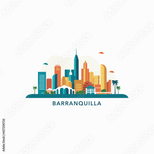 Colombia Barranquilla cityscape skyline city panorama vector flat modern logo icon. Atlántico Department emblem idea with landmarks and building silhouettes, isolated clipart