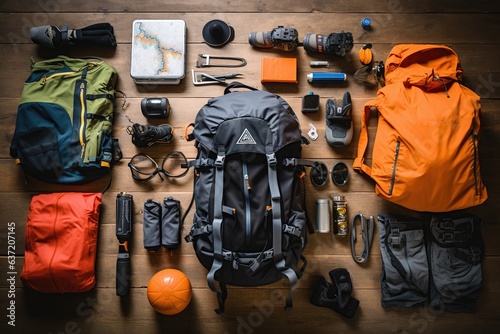 Outdoor travel equipment planning for a mountain trekking camping trip on wooden background. Top view ,Generated with AI photo