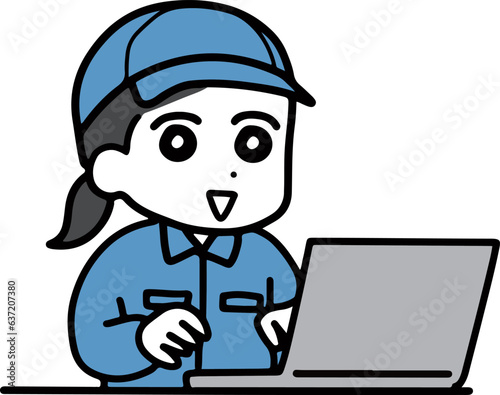 パソコンを使っている作業服＆帽子の若い女性