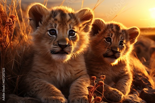 Playful Cubs: Lion cubs engaging in playful antics, a glimpse into the future rulers of the savannah. Generated with AI