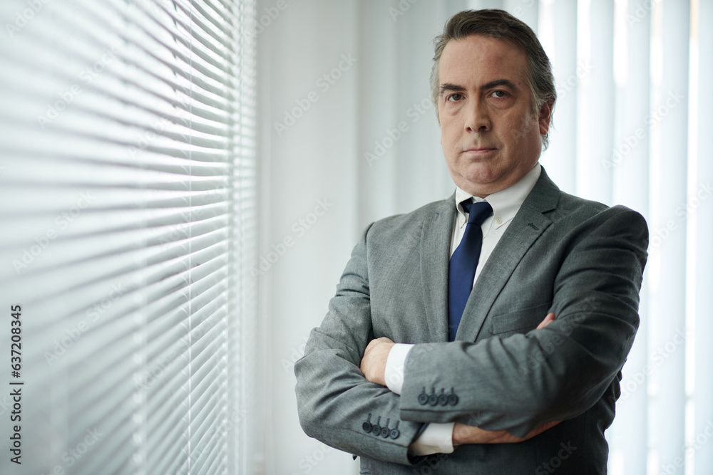 Portrait of serious confident businessman standing at office window with arms crossed Portrait of serious confident businessman standing at office window with arms crossed