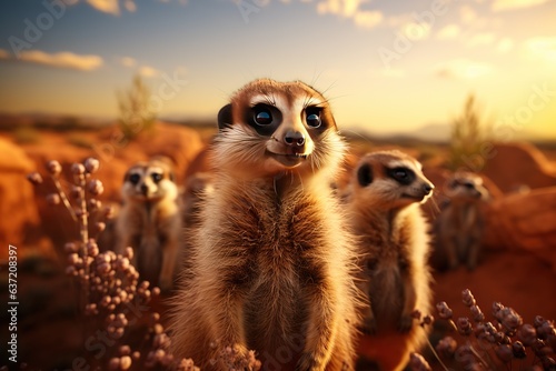 Sociable Meerkats: Meerkats standing upright, keenly observing their surroundings with curiosity and vigilance.Generated with AI