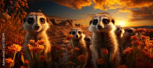 Sociable Meerkats: Meerkats standing upright, keenly observing their surroundings with curiosity and vigilance.Generated with AI
