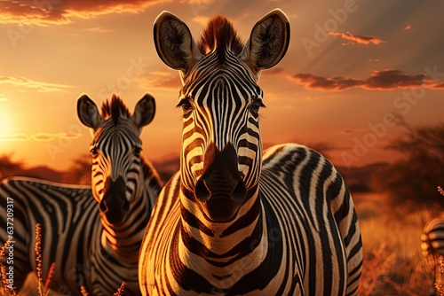 Striped Elegance: Zebras in a mesmerizing black and white symphony, blending seamlessly with the grassland. Generated with AI