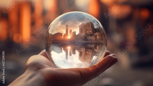 A crystal ball projecting future industrial scenarios, representing the anticipation and forecasting of emerging trends in the industry