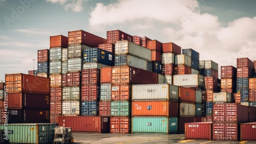 Shipping containers stacked at a bustling port, illustrating the movement of goods across international borders in the global trade network