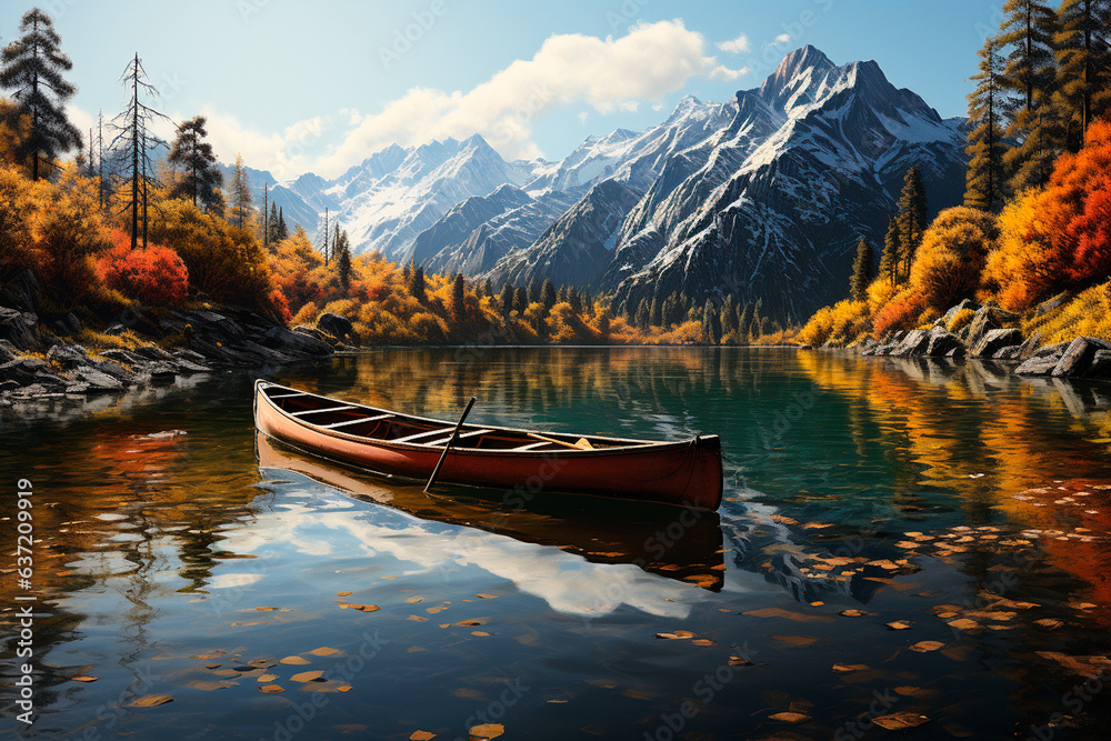 autumn scene with a boat, a boat on the shore of a lake. high quality illustration