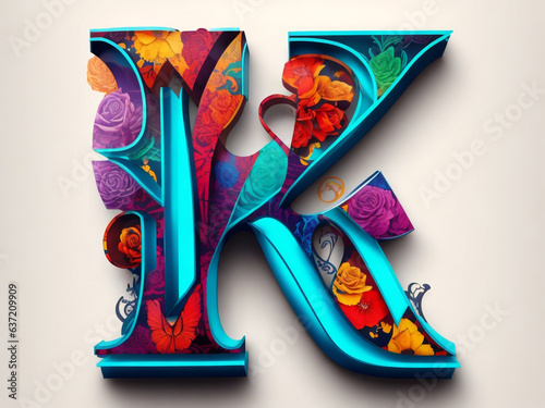letter k on plasterboard with flowers. Luxury capital letter k decorated with flowers. Decorative capital letter k with floral ornament. 3D rendering isolated on white background